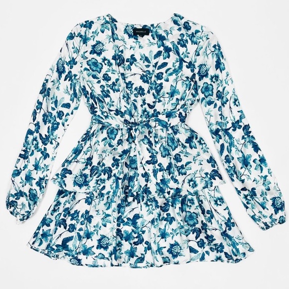 Majorelle Blue Floral Print Balloon Sleeve Plunge Tie Waist Ruffle Mini Dress - Picture 9 of 14